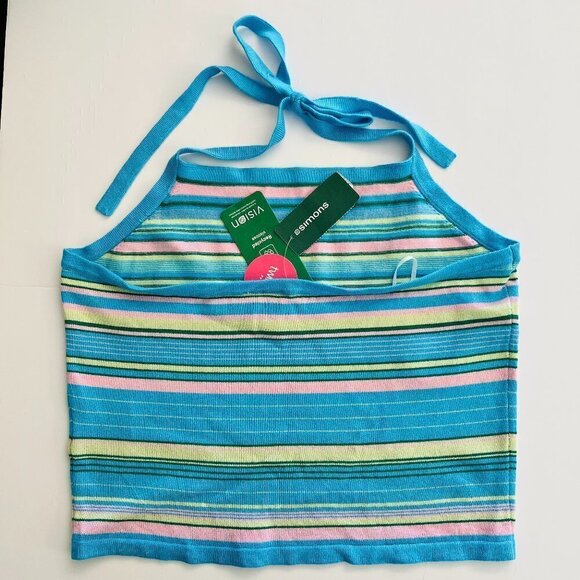 NWT Simons Twik Stripe Halter Crop Top Blue Pink‎ Yellow Green Sz L - Picture 2 of 7